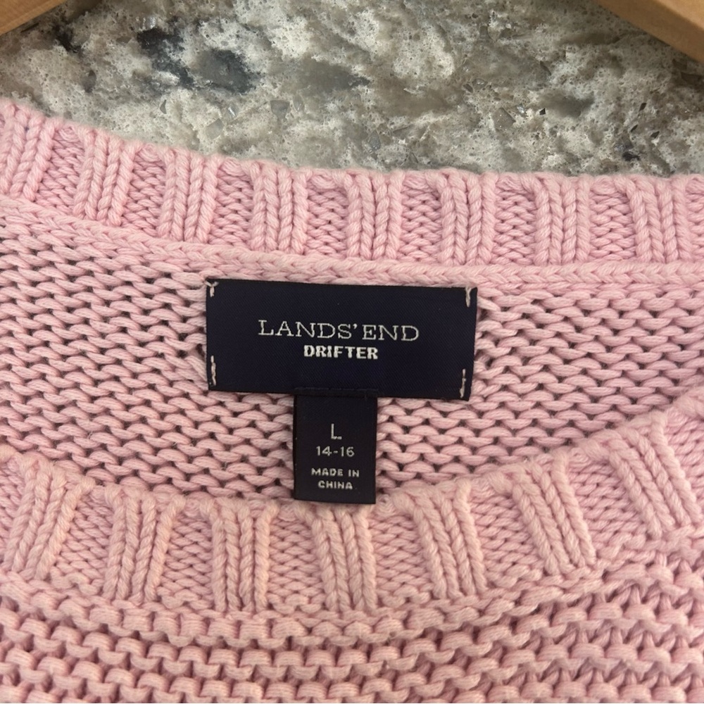 Lands' End Drifter Cable Knit Sweater Pink 100% Baumwolle Cotton Warm Large - Picture 6 of 7